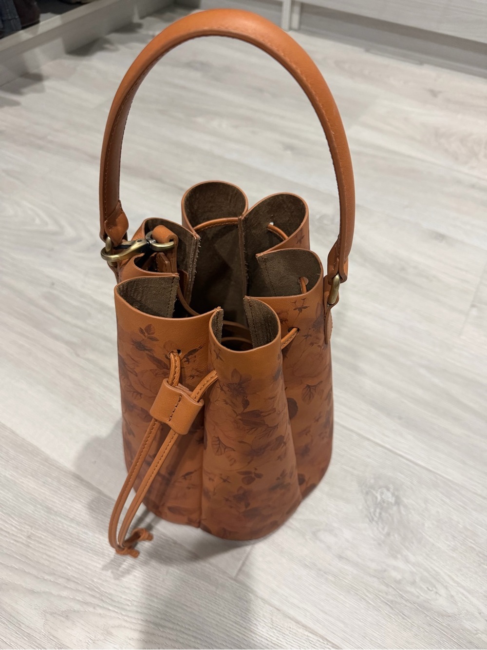 Anthropologie Brown Floral Bucket Bag - Picture 3 of 3